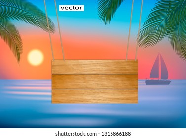 Vector illustration of a background of the sea, Bulletin Board to hang on the palm tree sailboat on the horizon