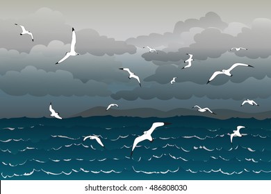 Vector illustration background of seagulls flying in the thunder sky over the stormy sea