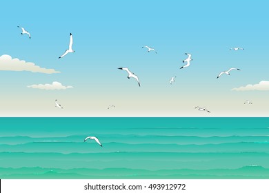 Vector illustration background of seagulls flying in the blue sky over the wavy sea