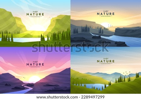Vector illustration. Background set. Cartoon flat design. 4 landscapes collection. Tourism concept. Sunlight by hills, water stream by rocks, evening scene by sea, forest trees in meadow hills