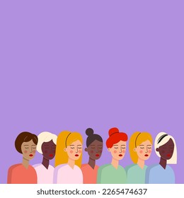 Vector, illustration, background of seven women of different culture and race, representing women's day, with purple background