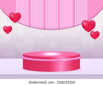 Vector illustration background with shining stage podium and hanging hearts for Valentine day design