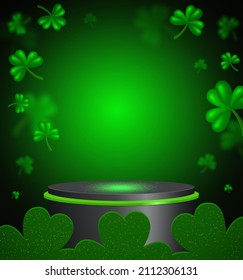 Vector illustration background with shining stage and green clover for St Patricks day design