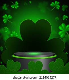 Vector illustration background with shining stage and green clover for St Patricks day design