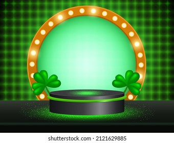 Vector illustration background with shining stage, round banner and green clovers for St Patricks day design