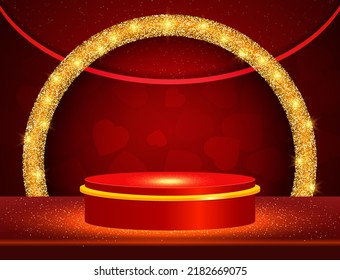 Fondo de ilustración vectorial con escenario brillante y arco dorado para el diseño de San Valentín