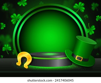 Vector illustration background with shining stage and green clovers, horseshoe and Leprechaun Top Hat for St Patricks day design