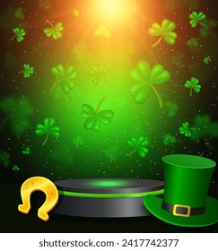 Vector illustration background with shining stage, light beams, horseshoe, Leprechaun Top Hat and green clover for St Patricks day design