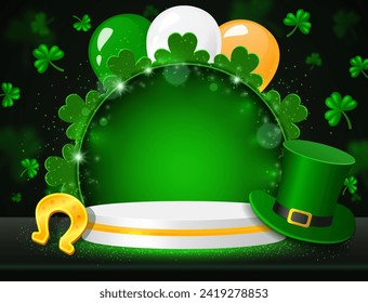 Vector illustration background with shining stage, colorful balloons, horseshoe, Leprechaun Top Hat and green clovers for St Patricks day design