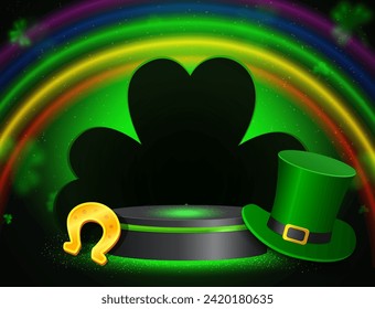 Vector illustration background with shining stage and green clover, rainbow, horseshoe and Leprechaun Top Hat for St Patricks day design