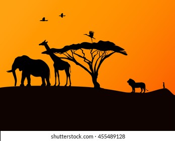 Vector illustration background of silhouettes of African animals and a tree at sunset. Giraffe, elephant, lion, meerkat and the birds in the evening or morning.