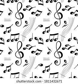 Vector illustration background of simple hand drawn music note design element in doodle style isolated on white background. Seamless pattern.