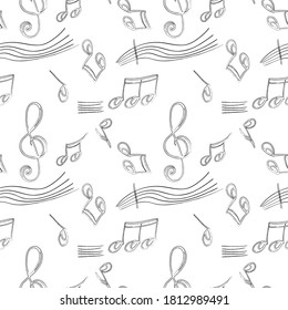 Vector illustration background of simple hand drawn music note design element in doodle style isolated on white background. Seamless pattern.