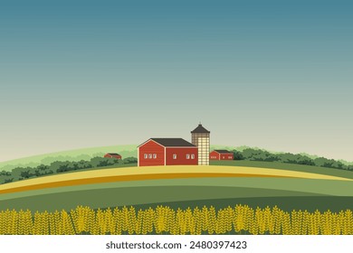 Vector illustration. Background for the site, horizontal banner. Agriculture, village. Indiana, USA. Modern design. Tourism, marketing.