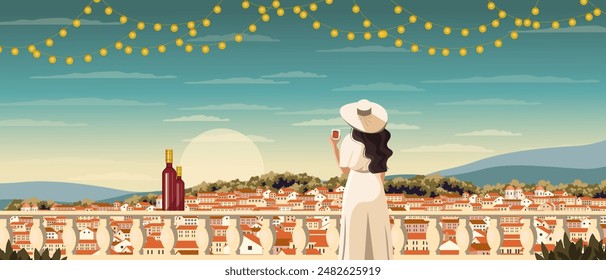 Ilustración vectorial. Fondo para el sitio, página de destino, fondo. Anuncio, cartel Horizontal, portada. Turismo. Italia. Chica en el balcón con un cóctel. Buenas noches. Café. Diseño moderno.