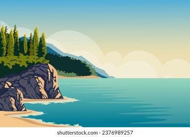 Vector illustration. Background for the site, postcards, vertical banner, poster. Lake shore, river, forest. Cartoon style.