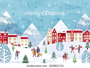 Vector illustration background of snow and Christmas cityscape and people
