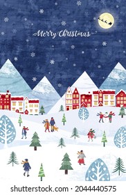 Vector illustration background of snow and Christmas cityscape and people