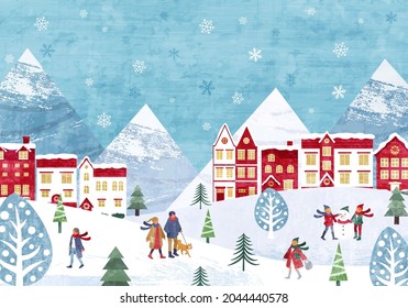 Vector illustration background of snow and Christmas cityscape and people