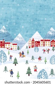 Vector illustration background of snow and Christmas cityscape and people