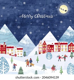 Vector illustration background of snow and Christmas cityscape and people