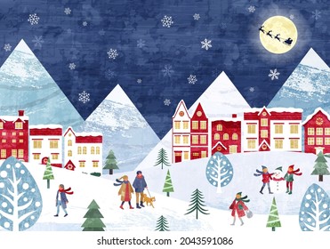 Vector illustration background of snowy Christmas cityscape