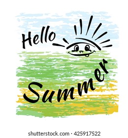 Vector illustration of background summer with lettering and sun for Badges and logo