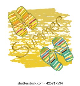 Vector illustration of background summer with lettering, shale on sand.