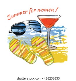 Vector illustration of background summer with lettering, sunglasses, shales, sky and sea.Summer for women