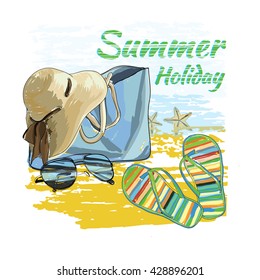 Vector illustration of  background summer with lettering texts,recliner on the sand with hat, sunglasses, ball and Slide Beach Sandal. Summer holiday. Hand drawn sketch elements for beach.
