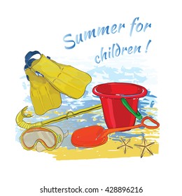 Vector illustration of background summer with lettering, ball, mask, snorkel, fins and sea.Summer for children. Hand drawn sketch elements for beach.