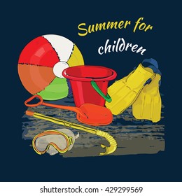 Vector illustration of background summer with lettering, ball, mask, snorkel, fins and sea.Summer for children. Hand drawn sketch elements for beach.