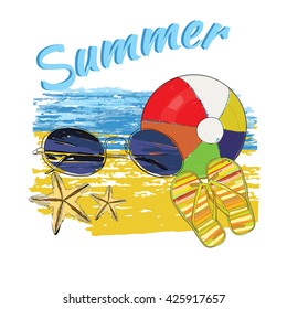 Vector illustration of background summer with lettering,ball, sunglasses, shales, sky and sea.