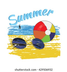 Vector illustration of background summer with lettering,ball, sunglasses, Slide Beach Sandal, sky and sea. Sketch hand drawn for design. Watercolor effects