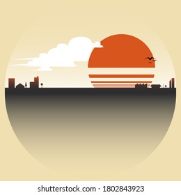 Fondo de ilustración vectorial, amanecer del sol detrás de la ciudad