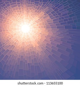 Vector illustration background of sun glow with rays in unclouded blue sky (stained glass window).