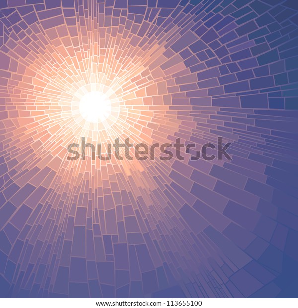 Vector illustration background of sun glow with rays in unclouded blue sky (stained glass window).