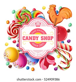 Vector illustration background of sweet candy, sweetmeats, lollipops. Frame made of sweets