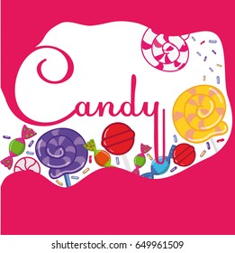 Vector illustration background of sweet candy, sweetmeats, lollipops.Bright background with candies. A large set of candies, sweets, greeting, logo, store, package.
