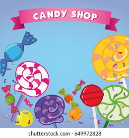 Vector illustration background of sweet candy, sweetmeats, lollipops.Bright background with candies. A large set of candies, sweets, greeting, logo, store, package.
