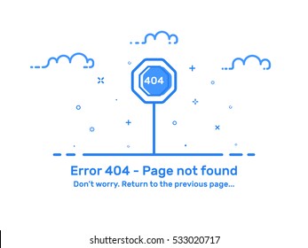 Vector Illustration Of Background Template Web Page. Concept Error 404 Page Not Found In Flat Line Style For Website. Outline Blue Isolated Object.