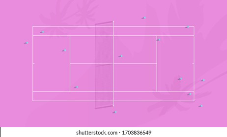 Vector illustration background tennis court with balls. California colors style with shadows. Minimalistic view palms shadow