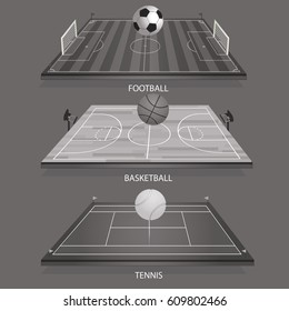 vector illustration background tennis field 3D tennis ball, football 3D and football-basketball court 3D basketball