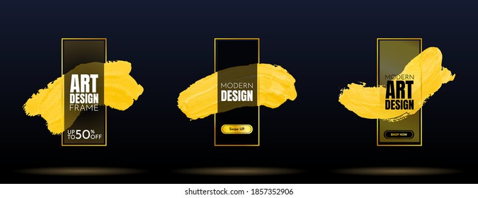 Vector illustration. Background for text. Grunge banners set. Golden paint. Brush ink stroke. Isolated black frame. Element for design poster, cover, invitation, gift card, flyer, social media