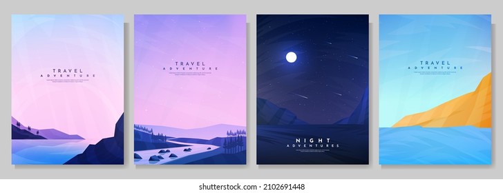 Vector illustration. Background with text. Minimalist flat cartoon landscape. Woods near water, mountains, dark night scene,  coastline. Cloudy sky. Design for poster, brochure, book cover, magazine