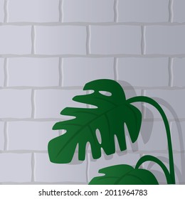Vector illustration with background for text in web design, banners, posters, etc. Shows a gray brick wall with leaf of a monstera plant. The concept of decorations, frames, backgrounds. Square.