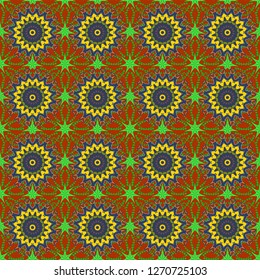 Vector illustration. Background texture in orange, blue and green colors. Endless floral abstract seamless pattern.