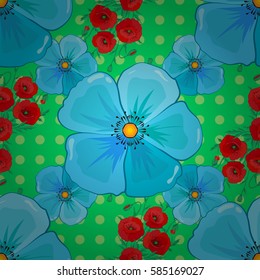 Vector illustration. Background texture, wallpaper, floral theme. Tribal art boho print, vintage multicolored flowers on a green background. Abstract ethnic vector seamless pattern.