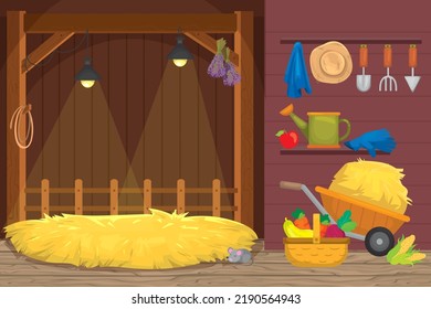 Vector illustration of background with tools and hay inside the farm barn