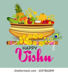 Vector illustration of a Background for Traditional Indian Festival Happy Vishu Celebrated in Kerala India.